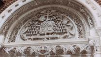 This is a close up of the carvings above the left main entrance to the church. (Photo courtesy of Renee Jackson)