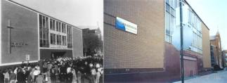 The new Our Lady of the Angels school at it's dedication in 1960 (left) and as it appears today (right).  (Right photo courtesy of Chris Turek